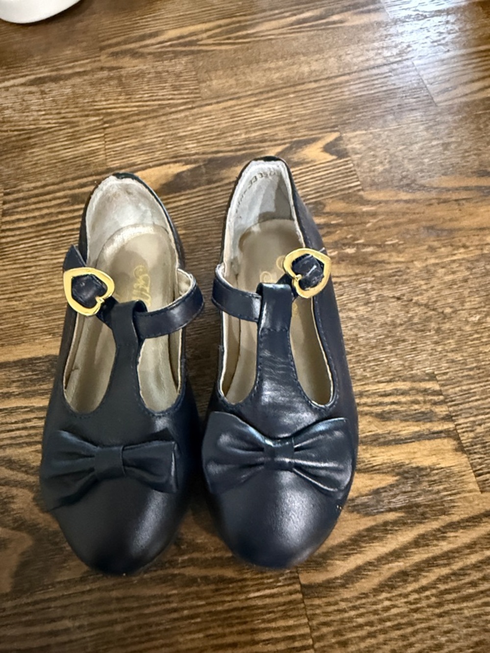 Girls Navy T-Strap Dress Shoes with Bow and Gold Heart Buckles